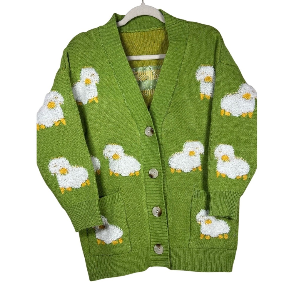 Cottagecore Green Sheep Intarsia Knit Oversized Cardigan Sweater Med/Large